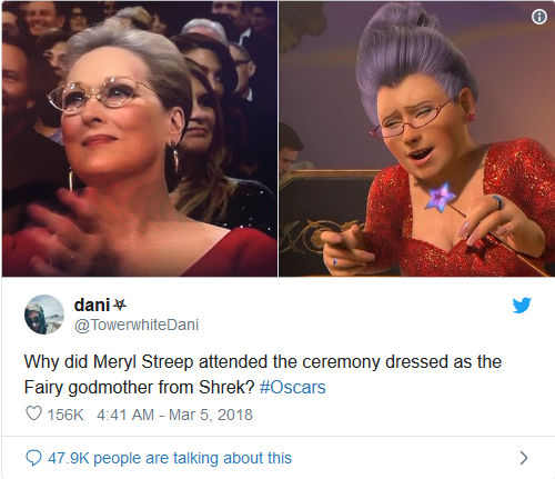 20- Meryl streep at the Oscars looking like fairy godmother from Shrek.