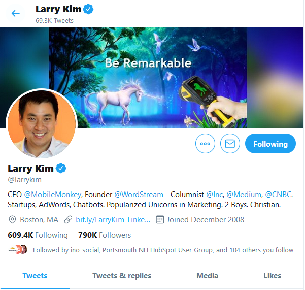 Larry Kim Twitter bio 